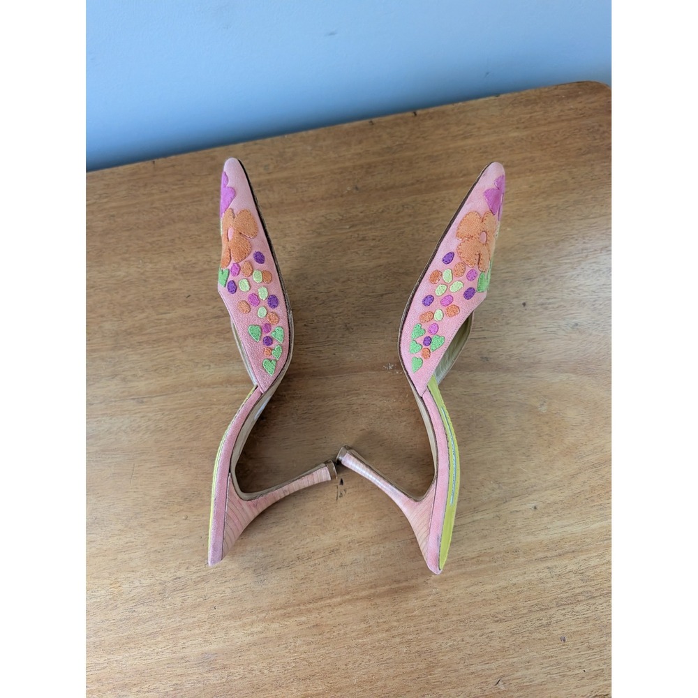 Vintage Y2K Manolo Blahnik Pastel Floral Suede Pointed Toe Mules - Picture 13 of 16